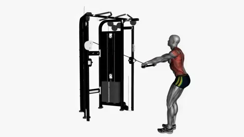 Standing lat cable pull over  fitness exercise workout animation male muscle hig Vídeos de archivo 243984563