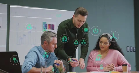 Standing lead reaching for blue marker writing on docs adding green icons Stock Footage 334033728
