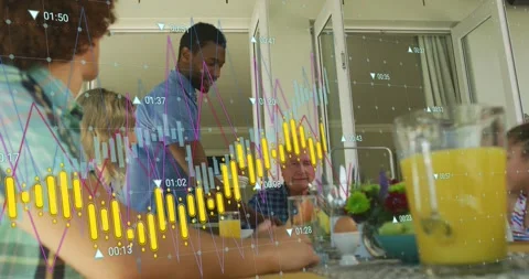 Standing man bringing plates to table, serving breakfast while finance charts Vidéo 334038905