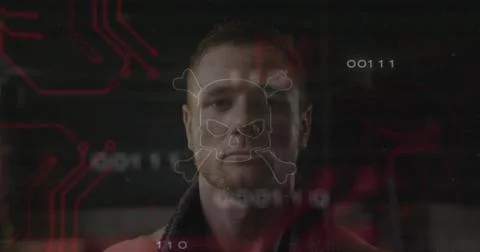 Standing man facing in control hub in dark jacket with skull crossbones Stock Photos