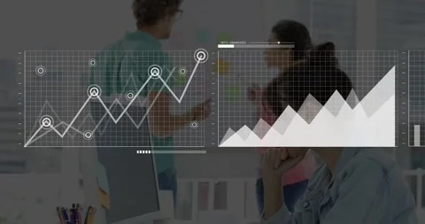 Standing man gesturing forming 3-panel charts over shoulder while seated woman Stock Footage 331613753