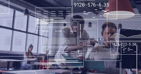 Standing man handing teal folder seated man reading noting as HUD data sliding Stock Footage 332275586