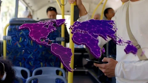 Standing man holding yellow pole bringing phone, checking route as purple map Video stock 333999491