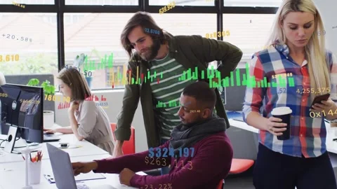 Standing man leaning over pointing nudging seated man tapping laptop checking Video stock 331820824