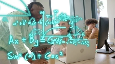 Standing man leaning tapping tablet making math overlay grow over laptop as Stock Footage 334693857