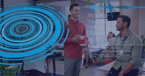 Standing man lifting cup, seated man leaning, laughing, blue HUD with code Stock Footage 334179208
