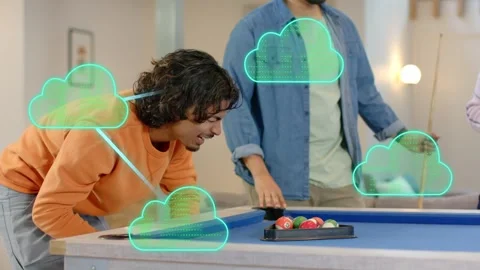 Standing man pointing, leaning racking balls starting on pool table, teal clouds Stock Footage 333925310