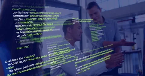 Standing man showing tablet and starting code overlay, man gesturing, woman Stock Footage 330142835