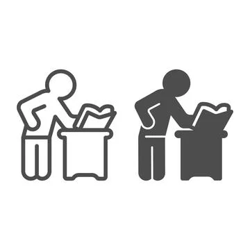 Standing man at table line and solid icon, children book day concept, male 스톡 일러스트