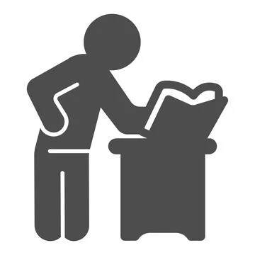 Standing man at table solid icon, children book day concept, male reading vector Ilustração Stock