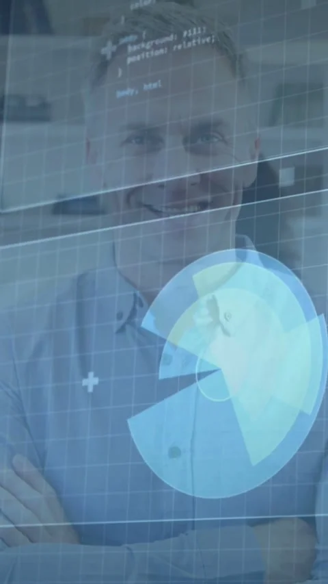 Standing man watching spinning-grid HUD rising over chest in office reacting to Stock Footage 331128939