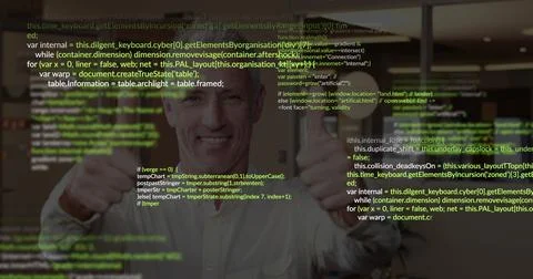 Standing mature developer smiling and holding thumbs up in office, overlaying Photos