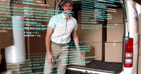 Standing mover smiling at van rear, wearing polo and khaki, with boxes, bubbl Stock Photos