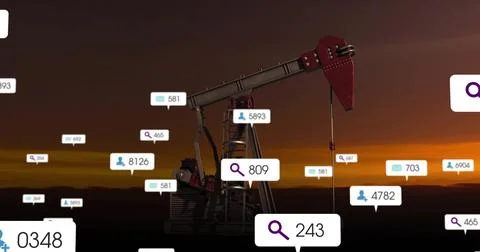 Standing oil pump jack displaying floating search, message and user icons on Stock Photos