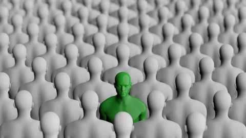 Standing Out in Crowd of Identical Figures. Unique &amp; Individual. Green &amp; White Stock Footage 280291195