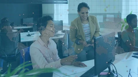 Standing peer approaching to review while coder pointing, typing, tech overlay Stock Footage 333061175