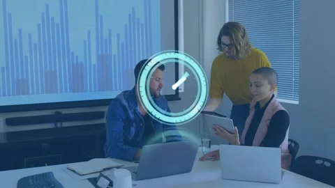 Standing peer leaning and pointing, biz team viewing tablet and bar chart, clock Stock Footage 330444261