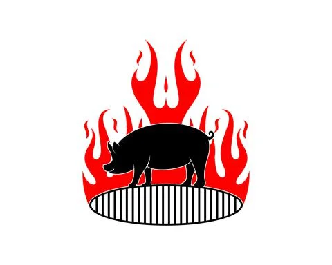 Standing pig on the grill pan with fire flame behind Illustrazione stock