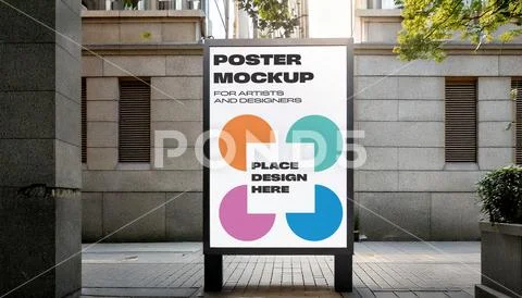 Standing poster mock up in an urban city PSD Template