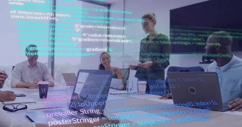 Standing presenter holding pages starting code review in meeting, scrolling code Stock Footage 334312080