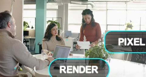 Standing presenter placing pages during business meeting, causing RENDER and Stock Footage 332401945