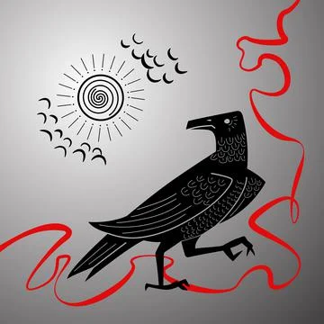 Standing raven and the sun with clouds in the sky. A crow with red ribbon. Stock Illustration