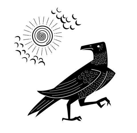 Standing raven and the sun with clouds in the sky. Drawing of a crow. Stock Illustration