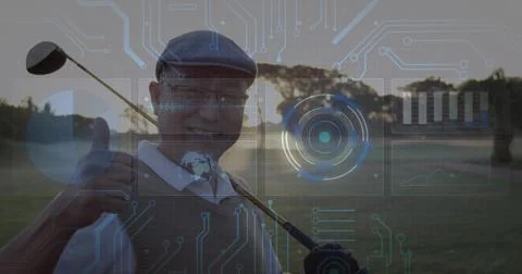 Standing senior man in flat cap giving thumbs-up on fairway at sunrise, holding Stock Photos