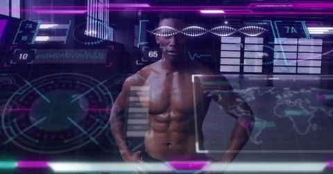 Standing shirtless model showcasing chest and abs in dark studio, with DNA helix Stock Photos
