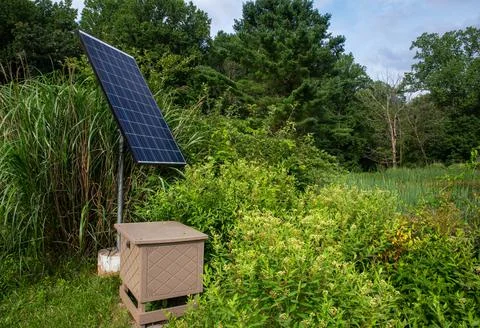 Standing solar panel with battery box in a gorgeous green garden setting Stock Photos
