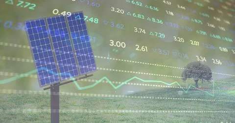 Standing solar panel on pole in field, showing financial data overlay and lone Stock Illustration