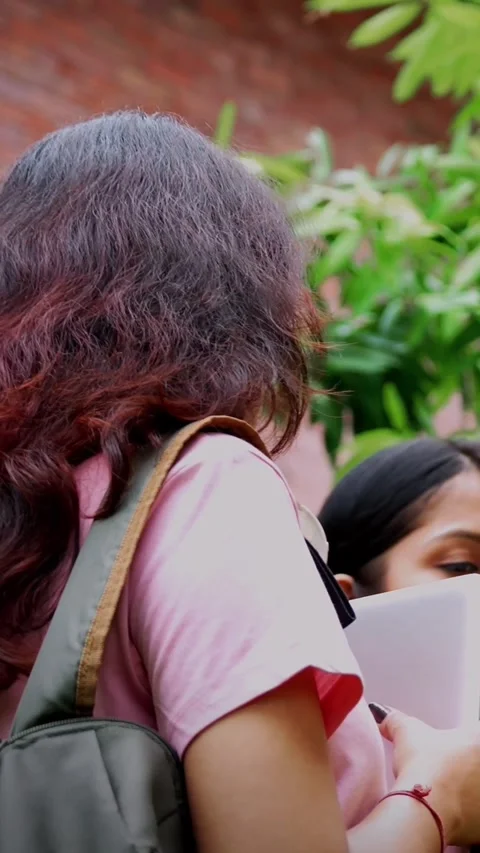 Standing students discussing project outdoors with laptop and books in college Stock Footage 342385195