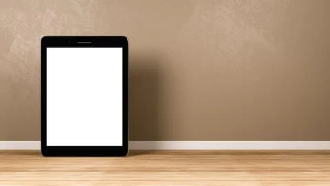 Standing Tablet Pc with White Blank Screen in the Room 3D Illustration Ilustración de archivo