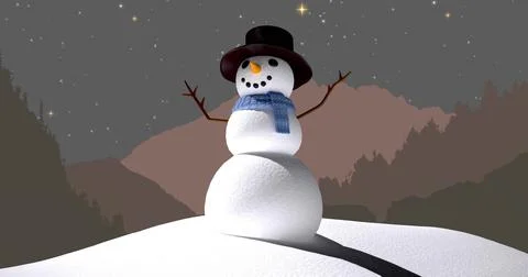 Standing three-tier snowman casting shadow on snowdrift at night, wearing Stock Illustration