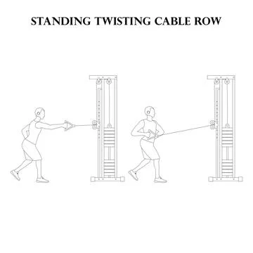 Standing twisting cable row exercise strength workout vector illustration out Stock Illustration