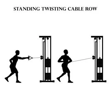 Standing twisting cable row exercise strength workout vector illustration sil Stock Illustration