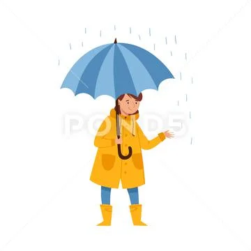Standing Under Umbrella Female Character in Rainy Day Vector Illustration Stock Illustration