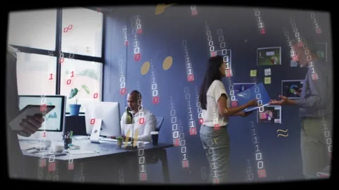 Standing woman with blue folder gesturing to wall, causing binary overlays as Stock Footage 333155108