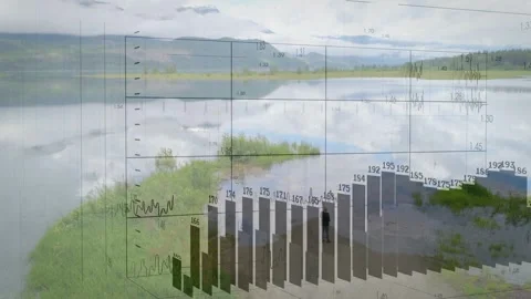 Standing woman in dark jacket facing lake on spit, animated 3D bar chart 스톡 동영상 332469131