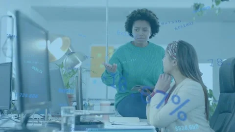 Standing woman holding tablet, locking eyes, explaining business data with Stock Footage 334702976