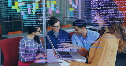 Standing woman scrolling laptop code to initiate code review while teammates Stock Footage 312228935