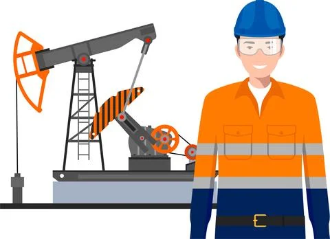 Standing Worker in Work Uniform, Safety Helmet and Oil Pump in Flat Style. .. Illustrazione stock