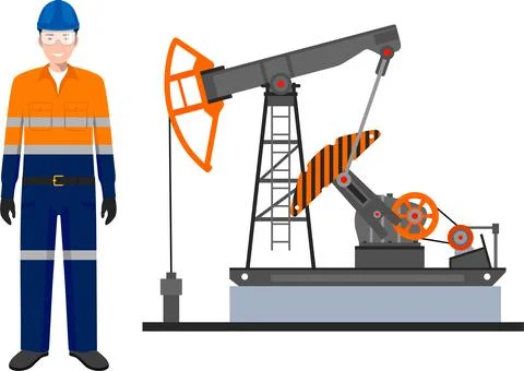 Standing Worker in Work Uniform, Safety Helmet and Oil Pump in Flat Style. .. Illustrazione stock