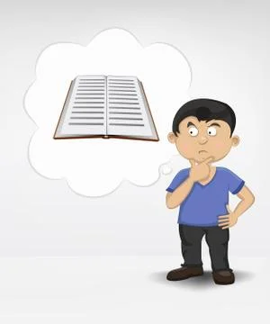 Standing young boy thinking about encyclopedia vector illustration イラスト素材