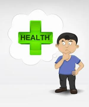Standing young boy thinking about health vector illustration Illustrazione stock