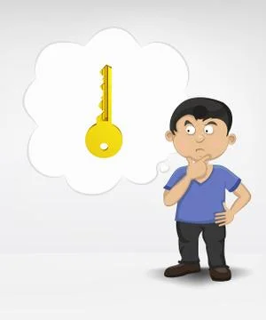 Standing young boy thinking about unlocking entrance vector illustration 스톡 일러스트