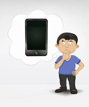 Standing young boy thinking about new smart phone vector illustration イラスト素材