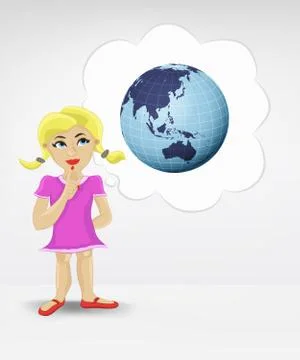 Standing young girl thinking about asia travel vector illustration Stock Illustration