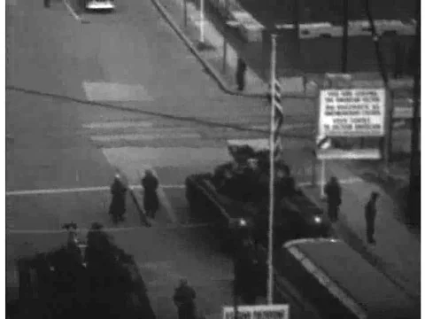 A standoff commences between Soviet and American tanks at the border between Video stock 75767561