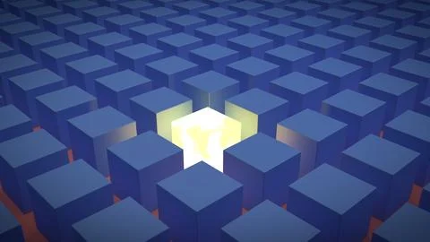 A standout luminous yellow / white cube, amongst rows of identical blue cubes Stock Illustration